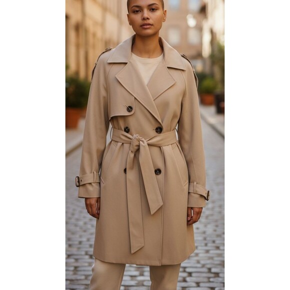 DESIGNER BATUNA BEIGE PLEATED DETAIL BELTED TRENCH COAT SIZE XLARGE - Picture 14 of 15